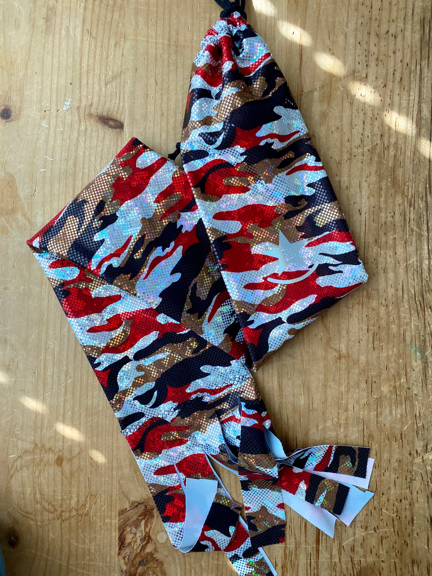 Single Tube Tail Bag - Red, Gold, Silver and Black Holographic Camo - RTS