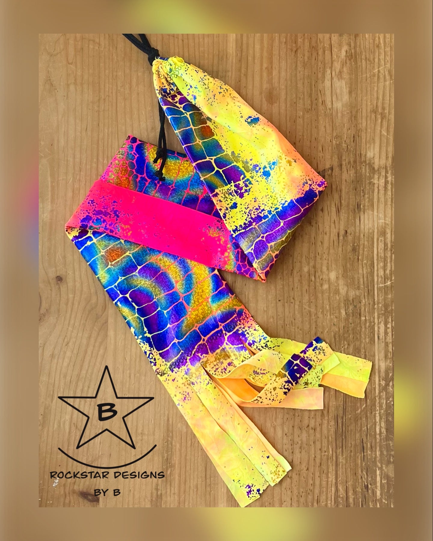 Single Tube Tail Bag - Neon Pink, Yellow & Orange with Purple & Blue Holographic - RTS