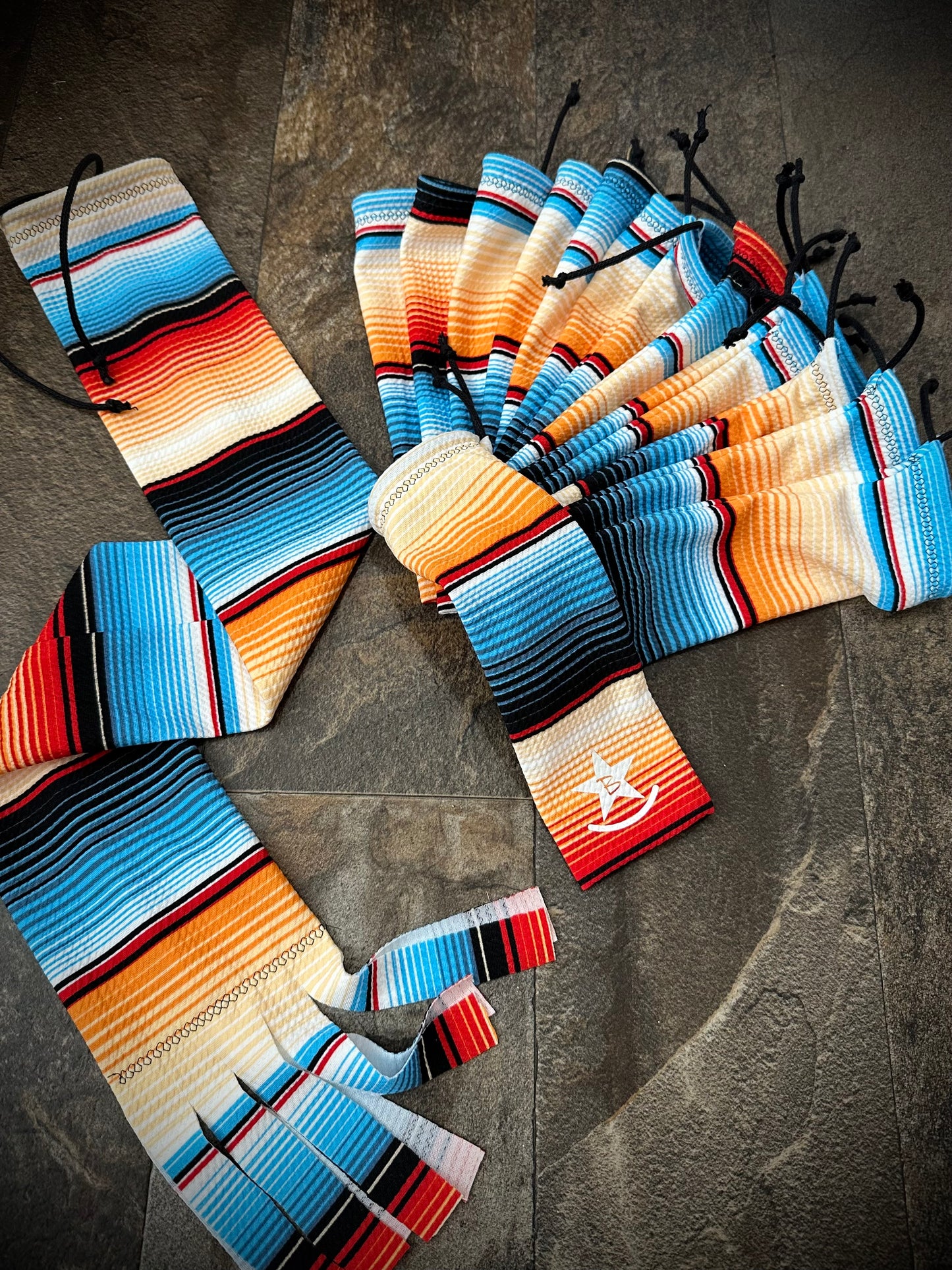 Matched Set - Set of 14 Mane Bags & 1 Tail Bag - Blue & Orange Serape - RTS