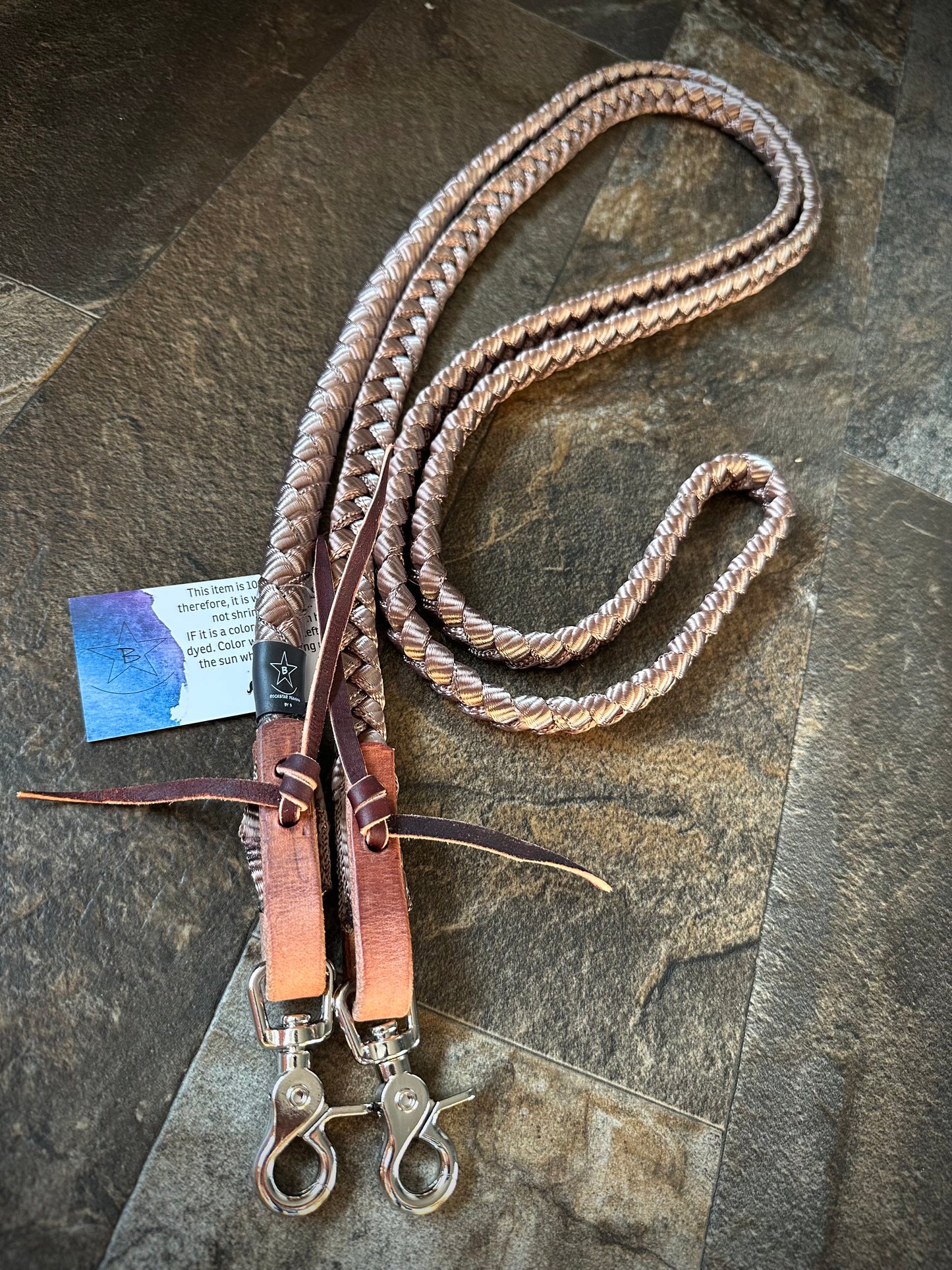 Muletape Reins - 8.5ft Competition - w/Leather Water Ties & Clips - Brown - RTS