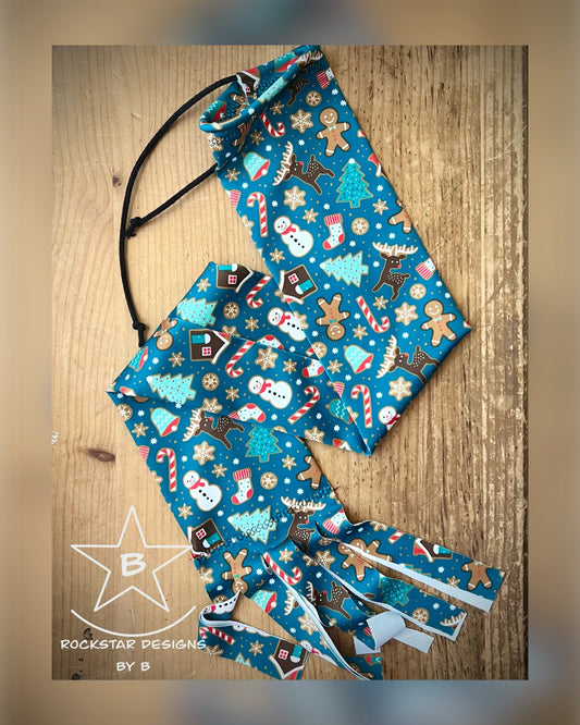 Single Tube Tail Bag - Teal Ginger Bread & Christmas Print