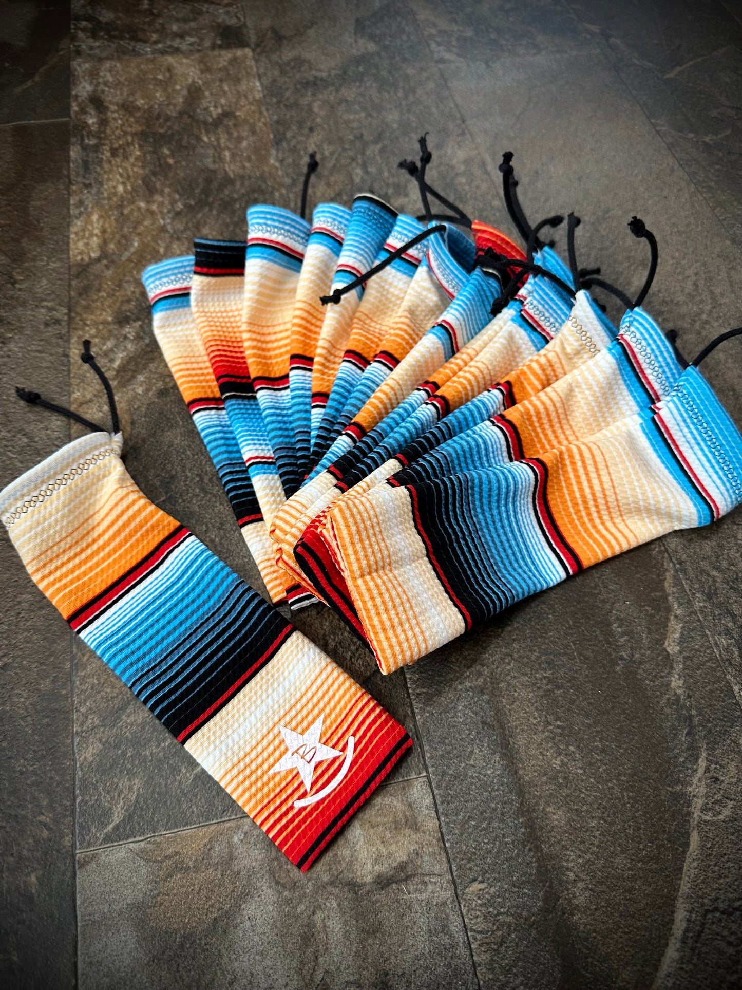 Matched Set - Set of 14 Mane Bags & 1 Tail Bag - Blue & Orange Serape - RTS