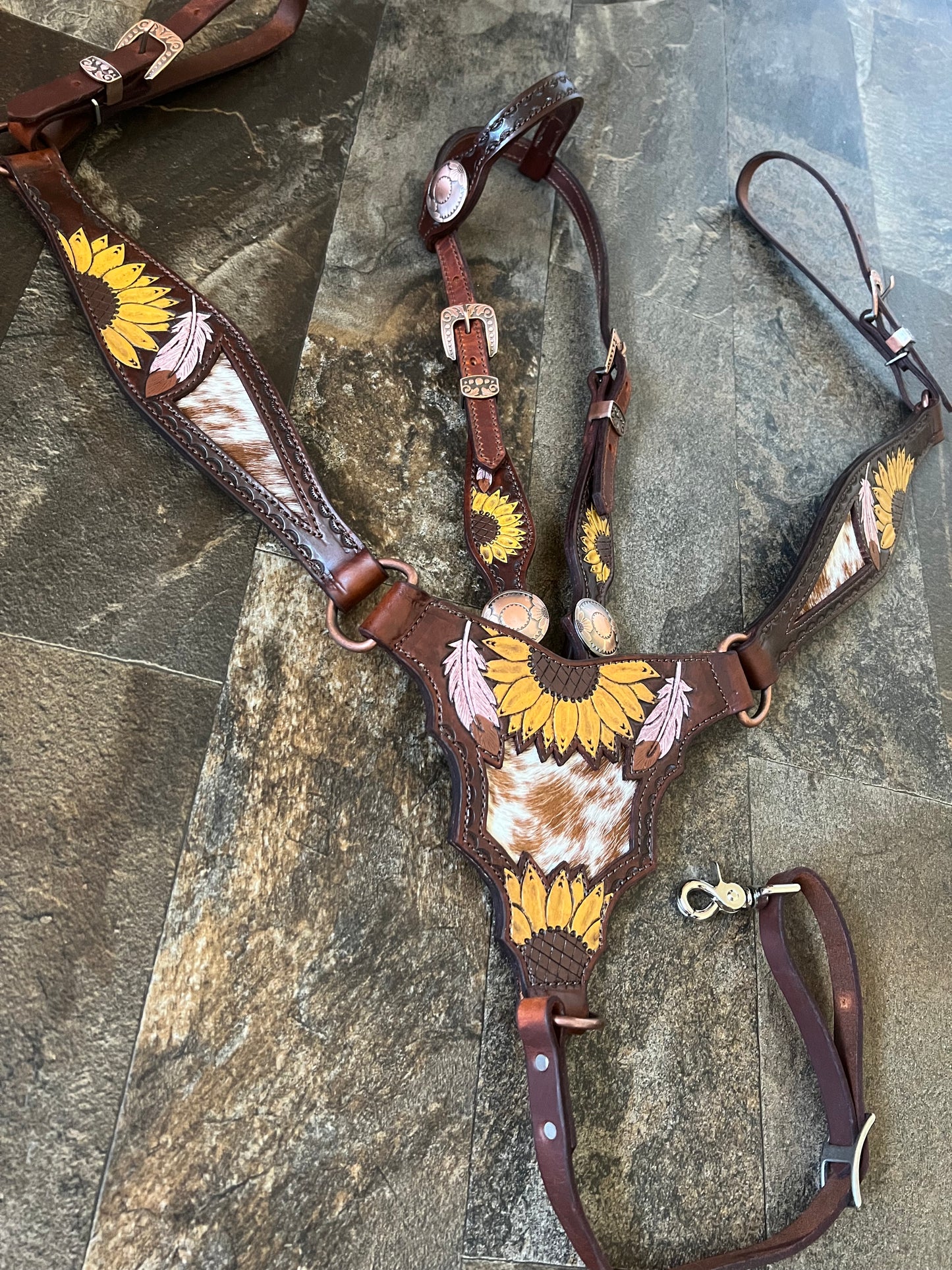 ‘Little Paint Leather’ Sunflower/Cowhide Tack Set ($100 below original price)