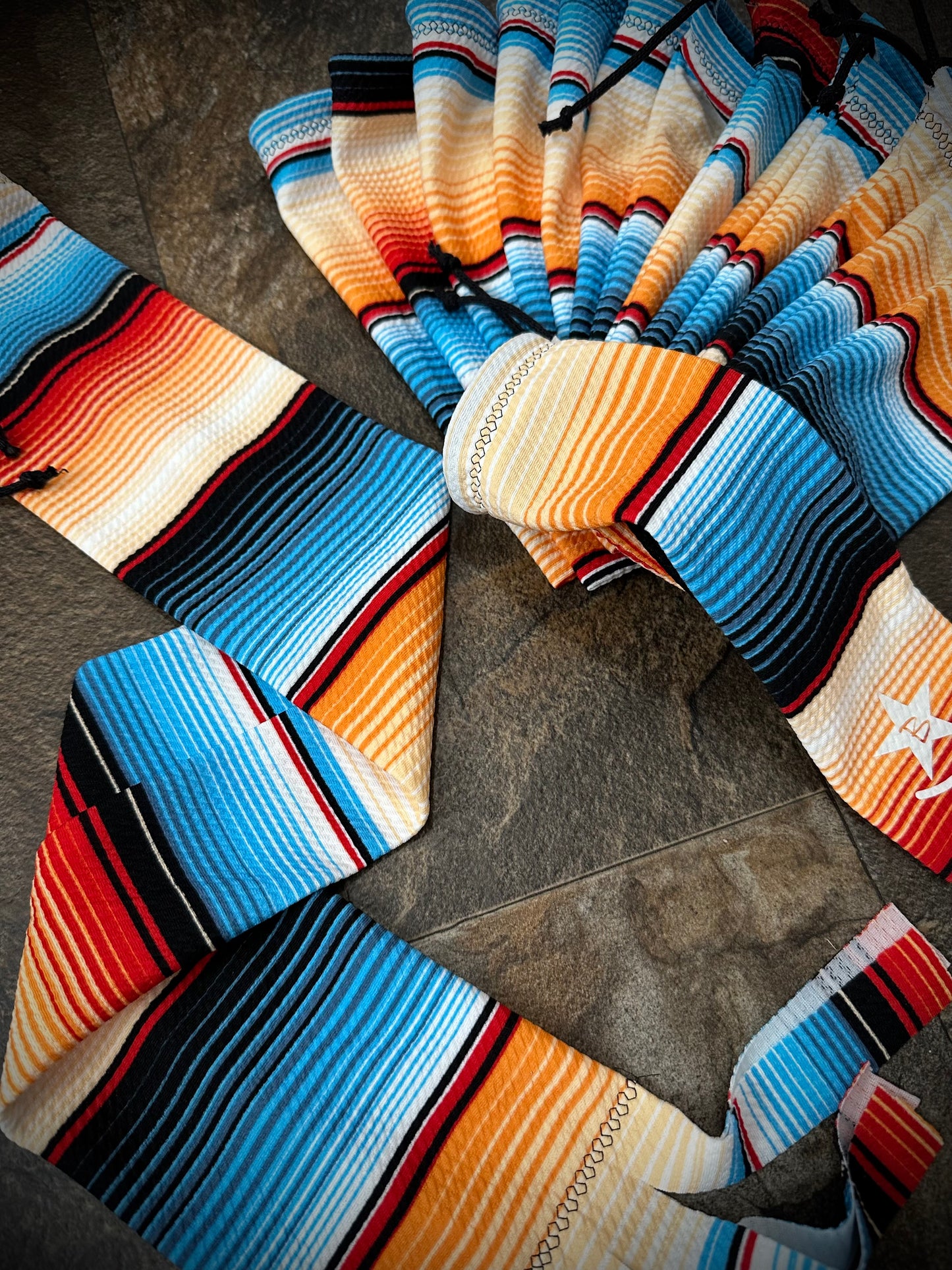 Matched Set - Set of 14 Mane Bags & 1 Tail Bag - Blue & Orange Serape - RTS