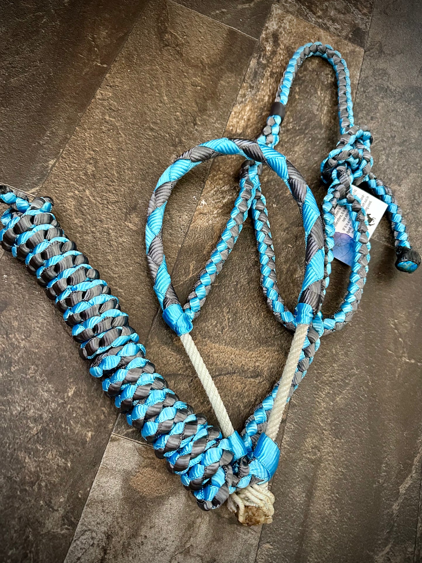 Muletape Braided Lariat Halter w/10’ Lead - Aqua Blue & Gunmetal Grey - RTS
