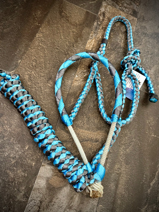 Muletape Braided Lariat Halter w/10’ Lead - Aqua Blue & Gunmetal Grey - RTS
