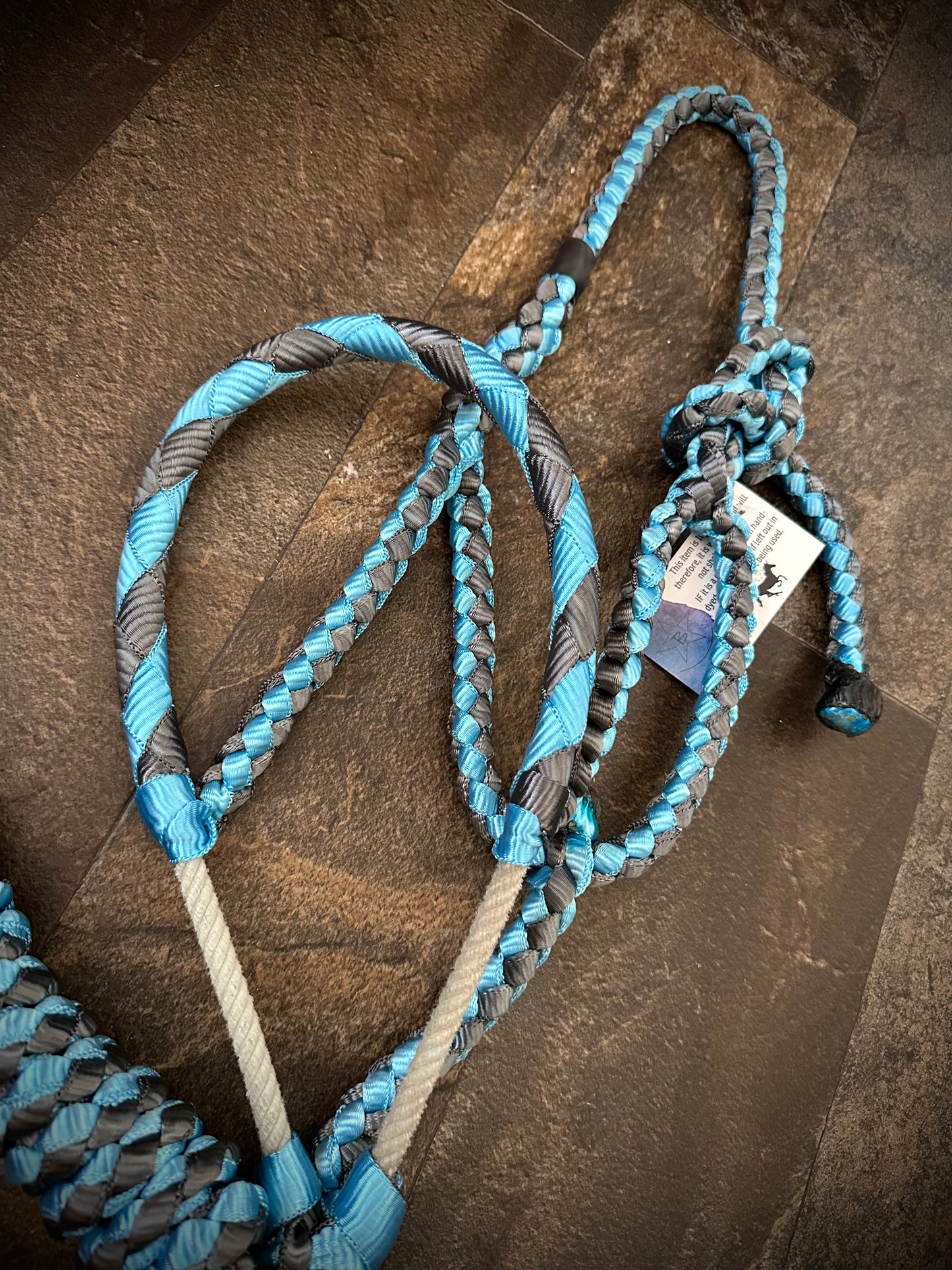 Muletape Braided Lariat Halter w/10’ Lead - Aqua Blue & Gunmetal Grey - RTS