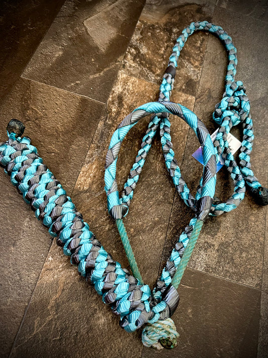Muletape Braided Lariat Halter w/10’ Lead - Teal & Gunmetal Grey - RTS