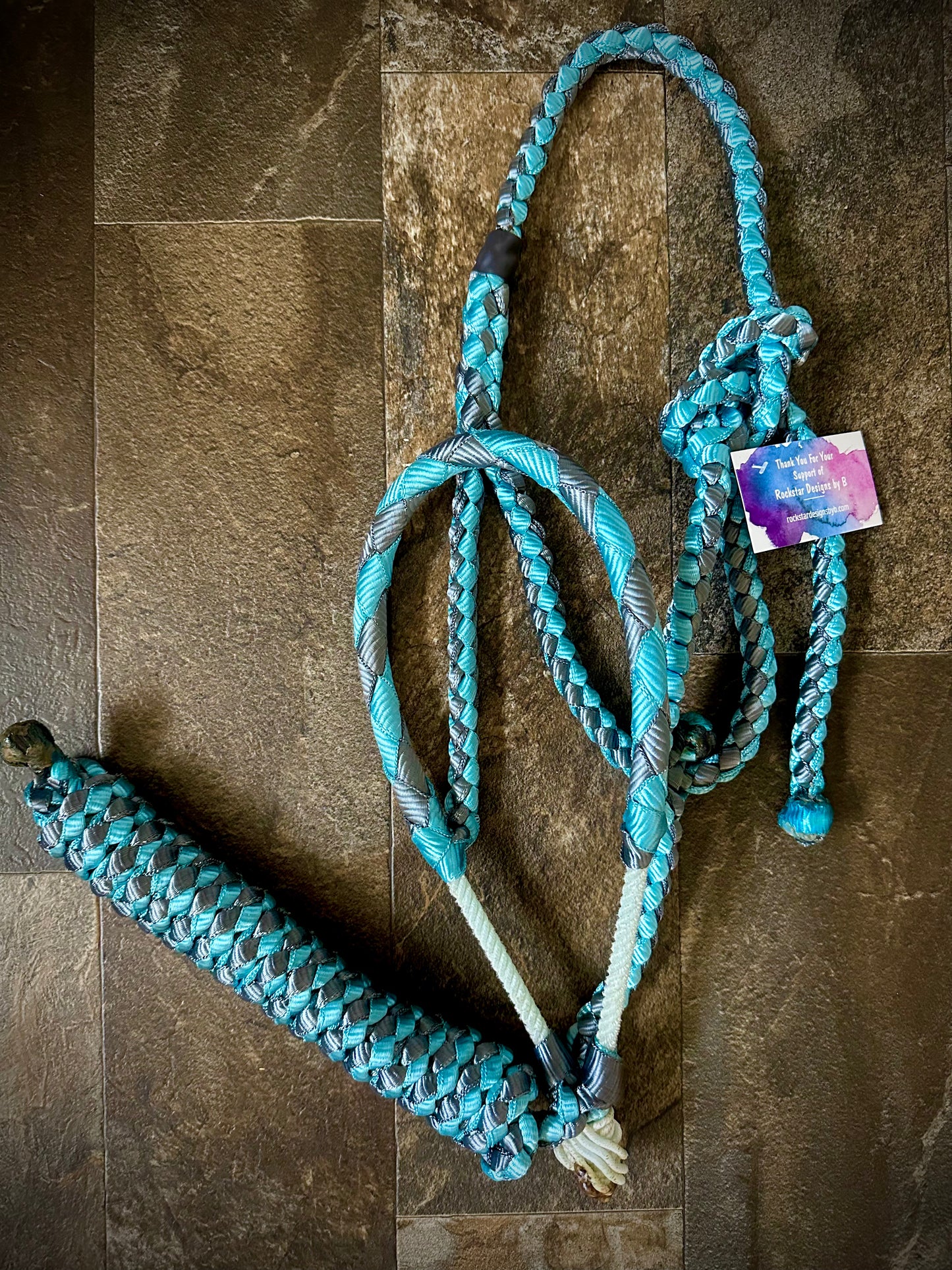 Muletape Braided Lariat Halter w/10’ Lead - Teal & Gunmetal Grey