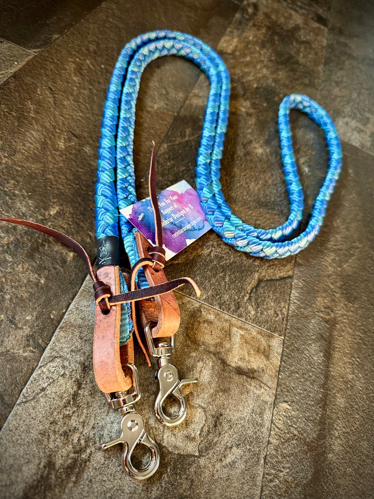 Muletape Competition Reins w/Leather Water Ties & Double Snaps - 7ft - Blue & Teal - RTS