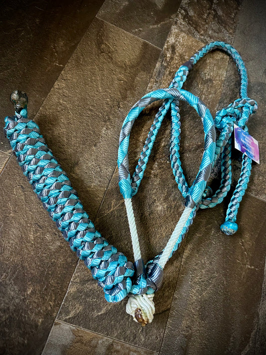 Muletape Braided Lariat Halter w/10’ Lead - Teal & Gunmetal Grey