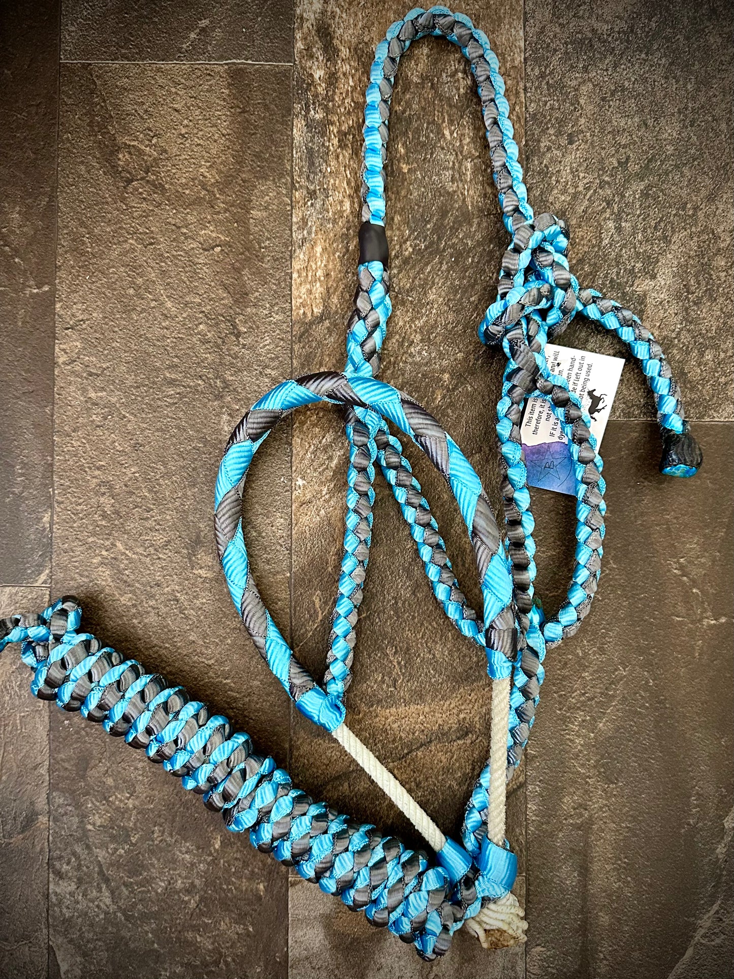 Muletape Braided Lariat Halter w/10’ Lead - Aqua Blue & Gunmetal Grey - RTS