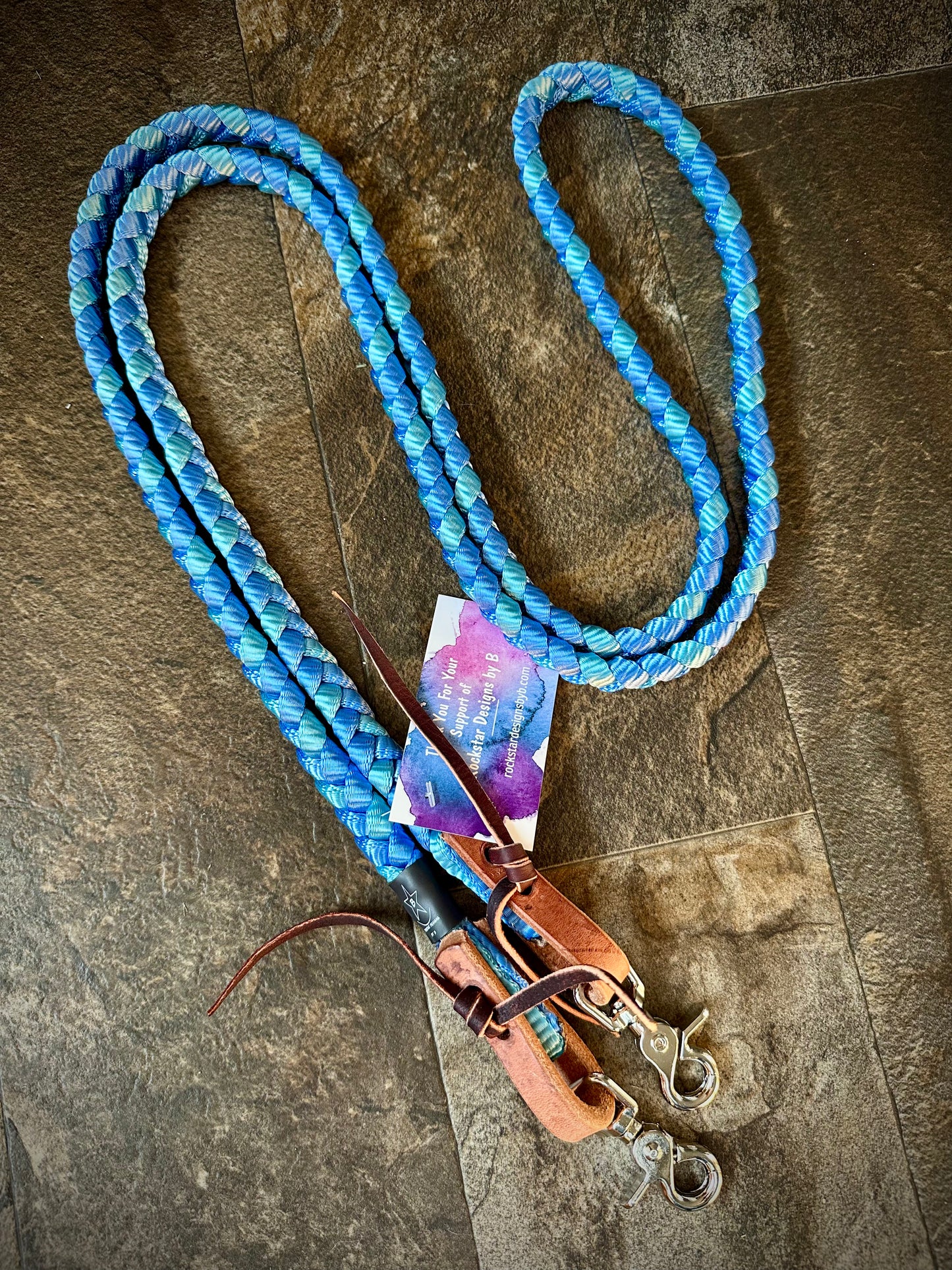 Muletape Competition Reins w/Leather Water Ties & Double Snaps - 7ft - Blue & Teal - RTS