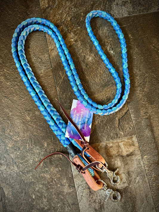 Muletape Competition Reins w/Leather Water Ties & Double Snaps - 7ft - Blue & Teal - RTS