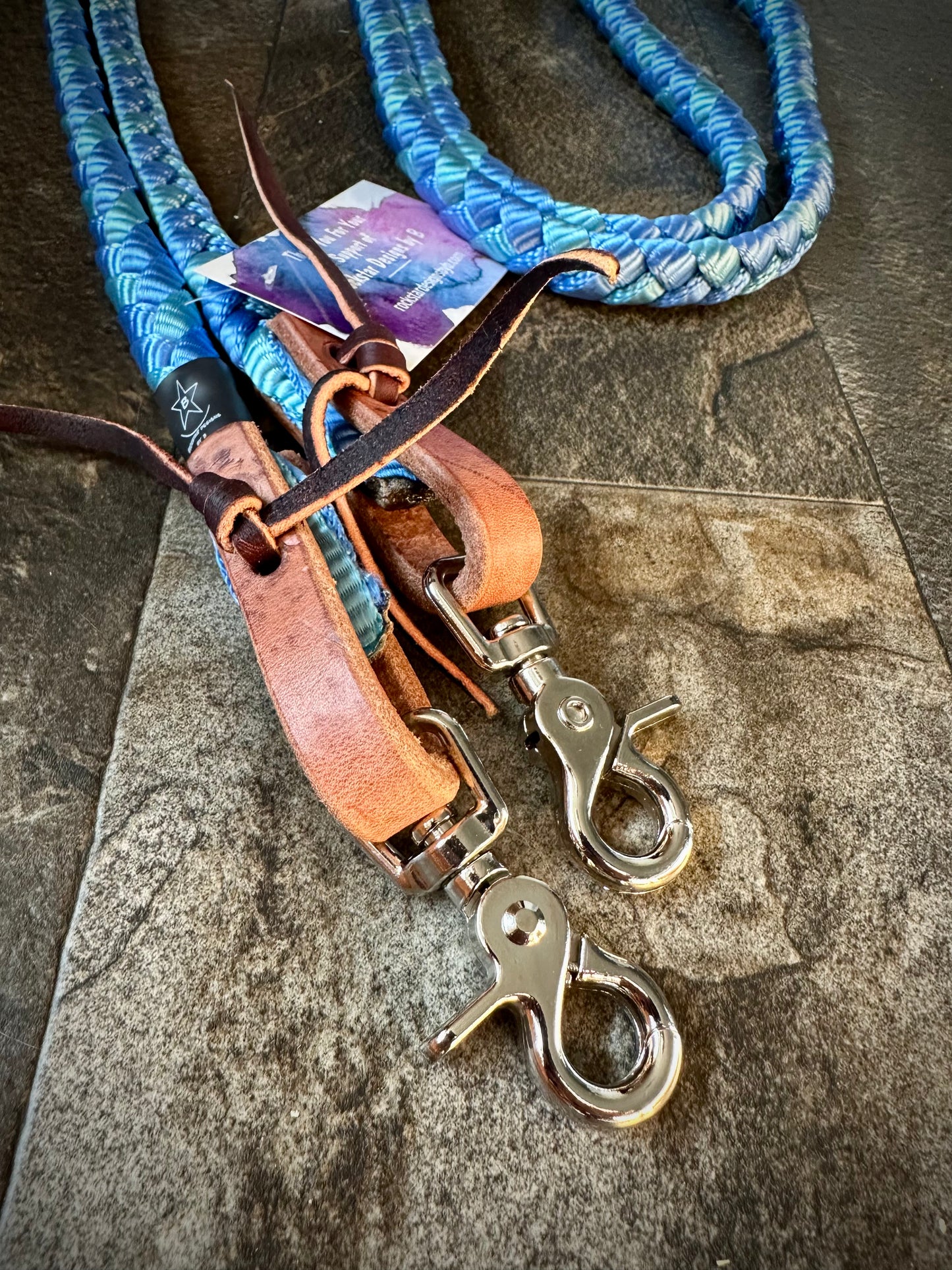 Muletape Competition Reins w/Leather Water Ties & Double Snaps - 7ft - Blue & Teal - RTS