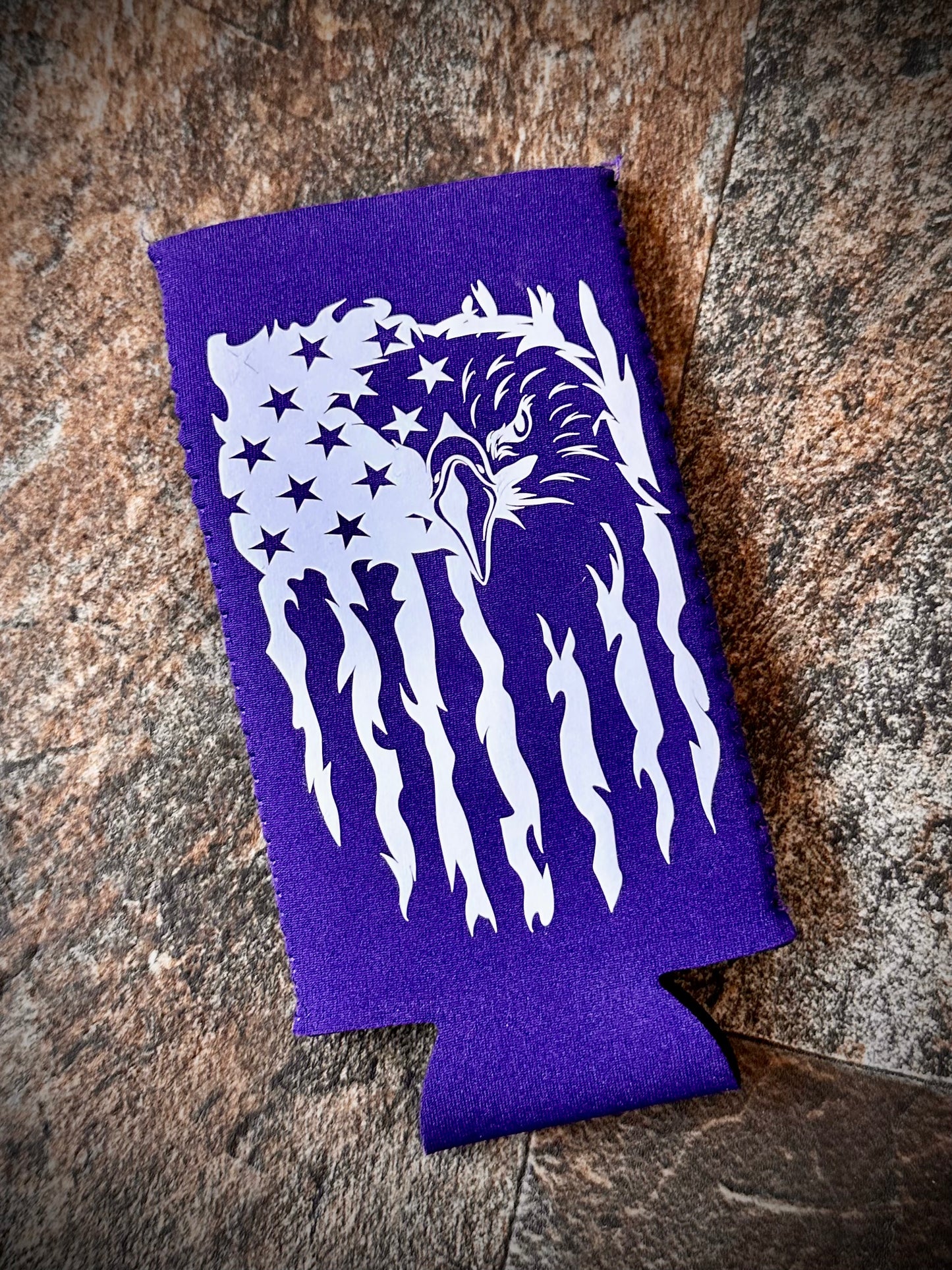 Magnetic Slim Can Cooler - Purple w/American Flag & Eagle - RTS
