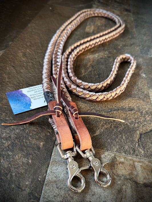 Muletape Reins - 8.5ft Competition - w/Leather Water Ties & Clips - Brown - RTS