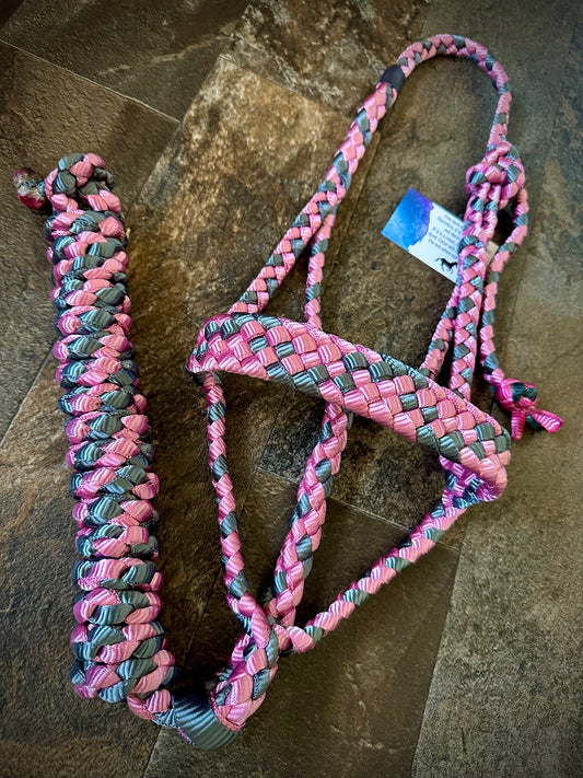 Muletape Halter w/Removable 10’ Lead - Pink & Gunmetal Grey