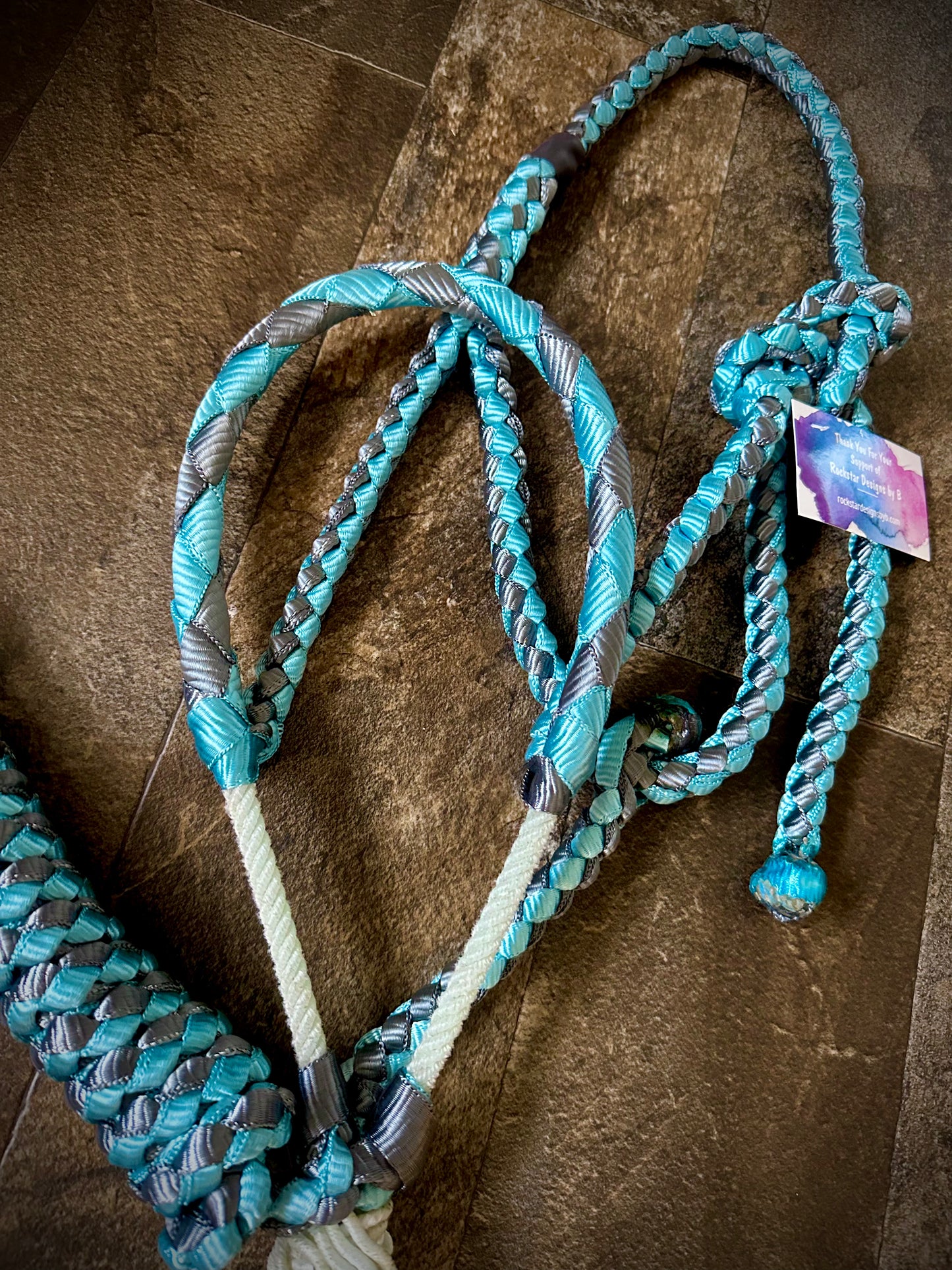 Muletape Braided Lariat Halter w/10’ Lead - Teal & Gunmetal Grey