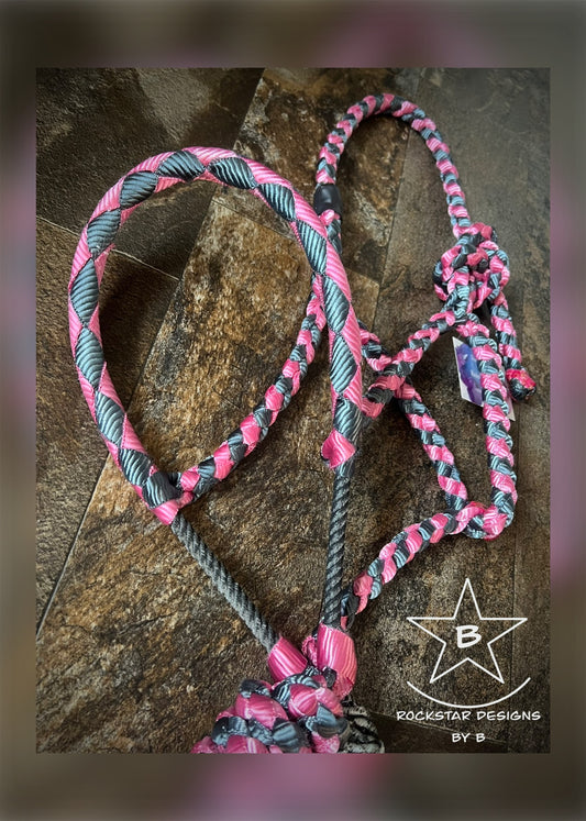 Braided Lariat Nose Muletape Halter w/10’ Lead - Average Horse - Pink & Gunmetal Grey