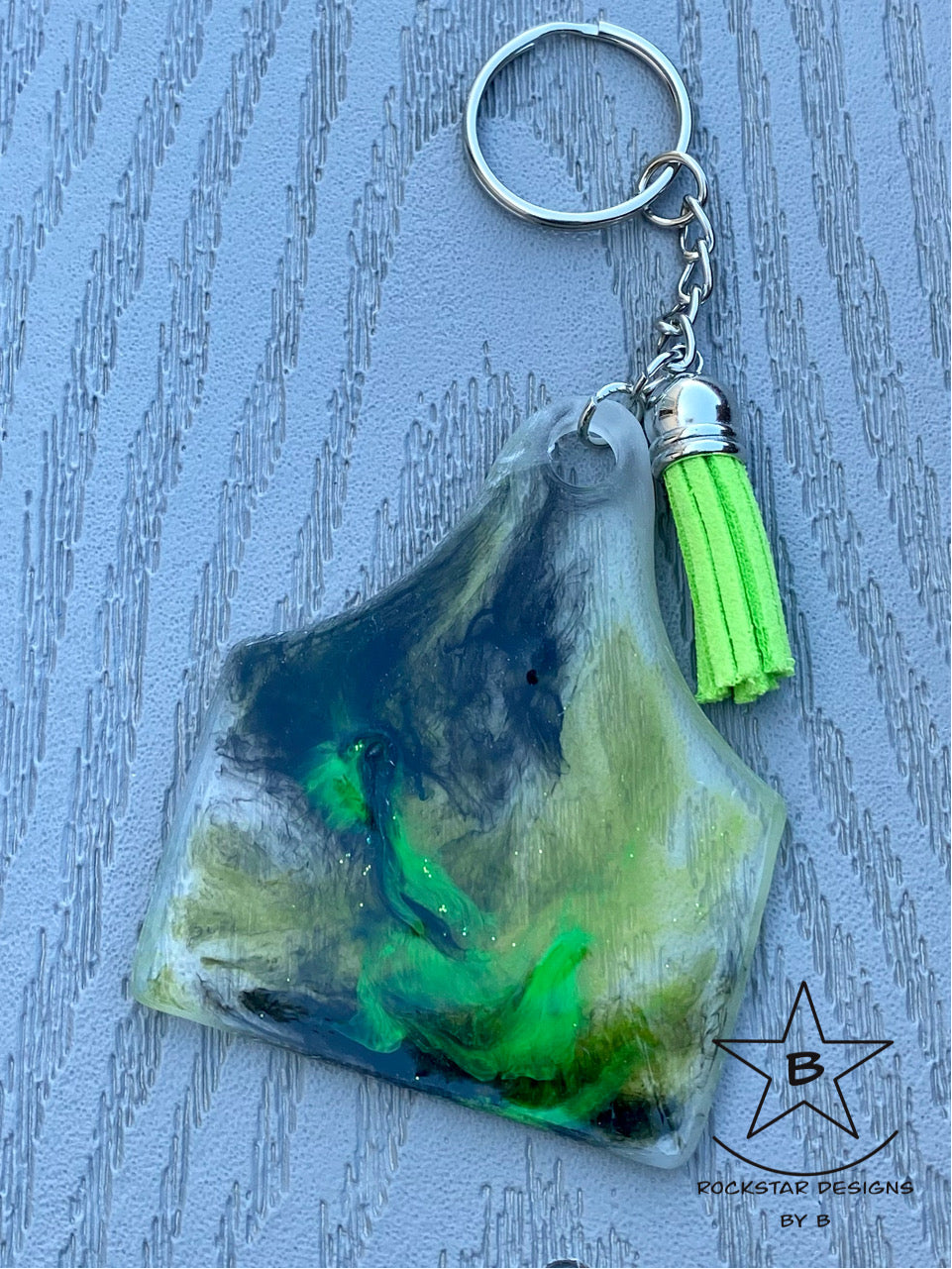 Keychain - Cattle Ear Tag - Clear Neon Green and Black