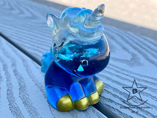 Resin Unicorn - 3 inch Ocean Half Royal Blue and Clear with Glitter