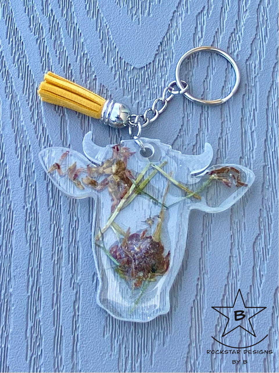 Keychain - Cow Head - Clear with Infused Alfalfa