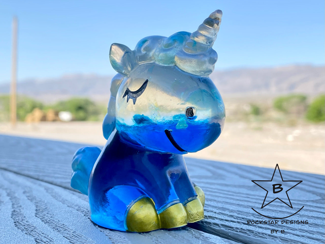 Resin Unicorn - 3 inch Ocean Half Royal Blue and Clear with Glitter