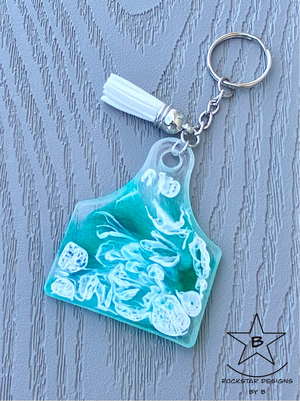 Keychain - Cattle Ear Tag - Teal and White Ink Swirl