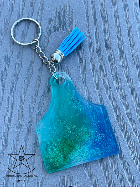 Keychain - Cattle Ear Tag - Blue, Teal and Clear with Glitter