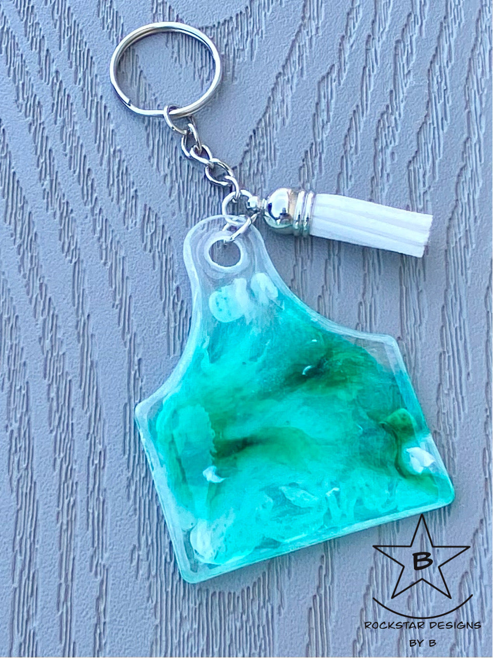 Keychain - Cattle Ear Tag - Teal and White Ink Swirl