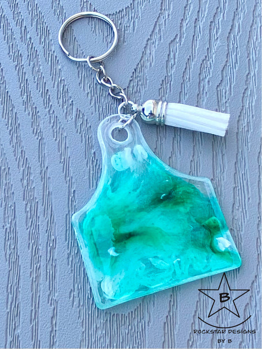 Keychain - Cattle Ear Tag - Teal and White Ink Swirl