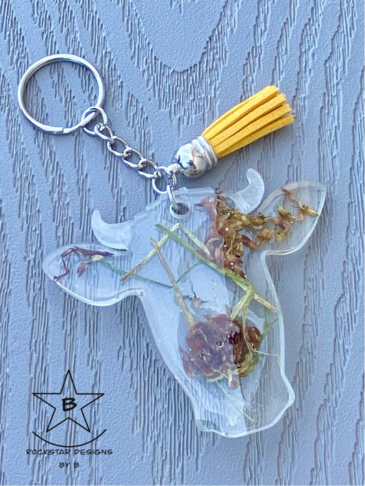 Keychain - Cow Head - Clear with Infused Alfalfa