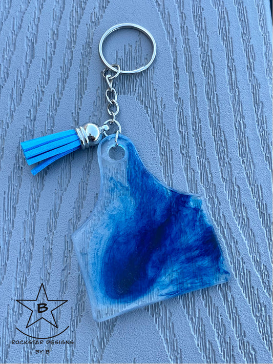 Keychain - Cattle Ear Tag - Clear and Blue Swirl