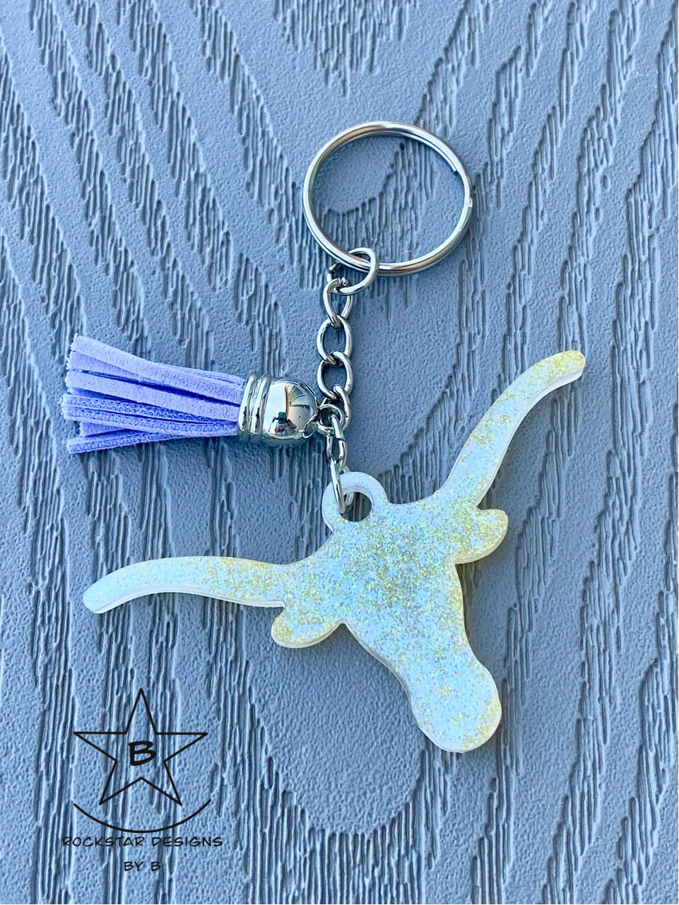 Keychain - Longhorn Steer Head - Pearl White with Gold Glitter