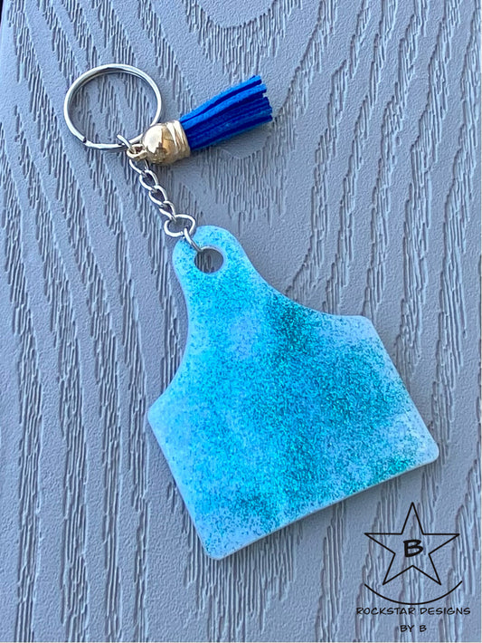 Keychain - Cattle Ear Tag - Cloudy with Blue Glitter