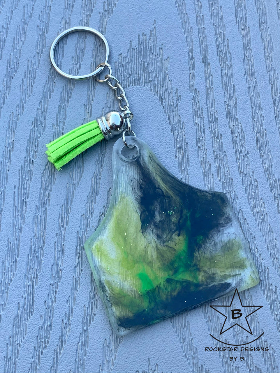 Keychain - Cattle Ear Tag - Clear Neon Green and Black