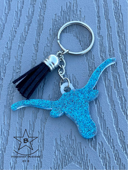 Keychain - Longhorn Steer Head - Blue Glitter