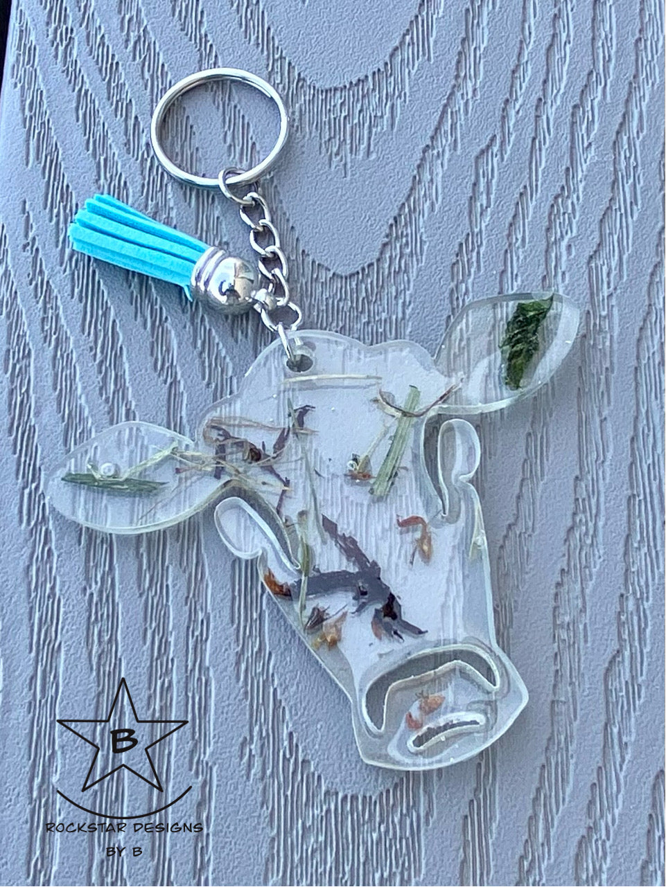 Keychain - Cow Head - Clear with Infused Alfalfa