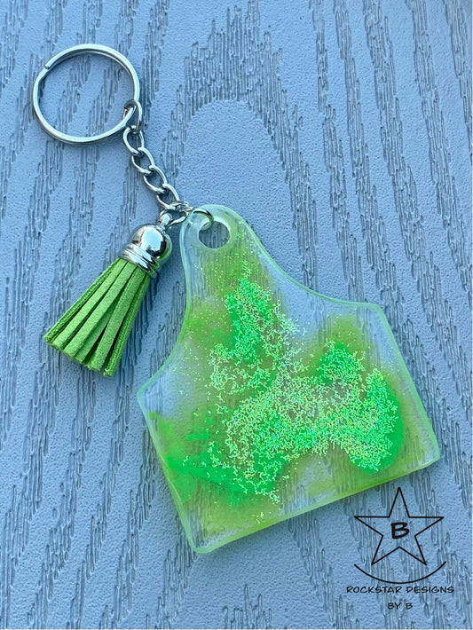 Keychain - Cattle Ear Tag - Clear Neon Green with Glitter