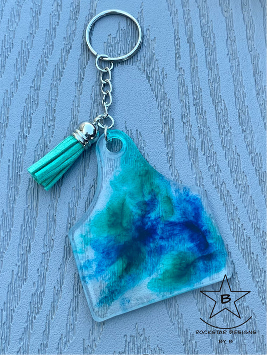 Keychain - Cattle Ear Tag - Clear Blue and Teal Swirl