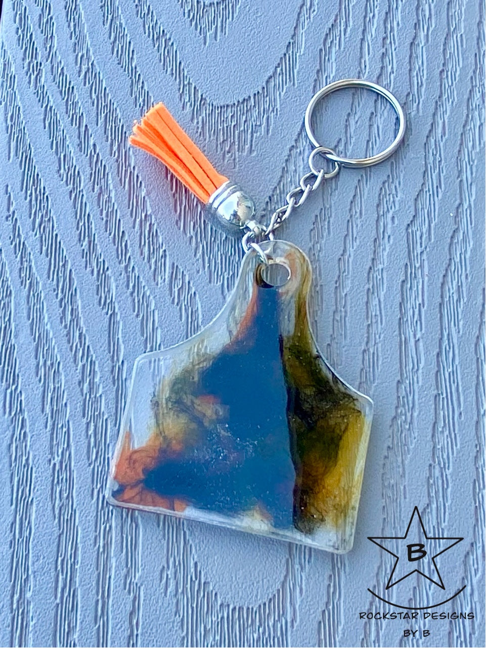 Keychain - Cattle Ear Tag - Orange and Black