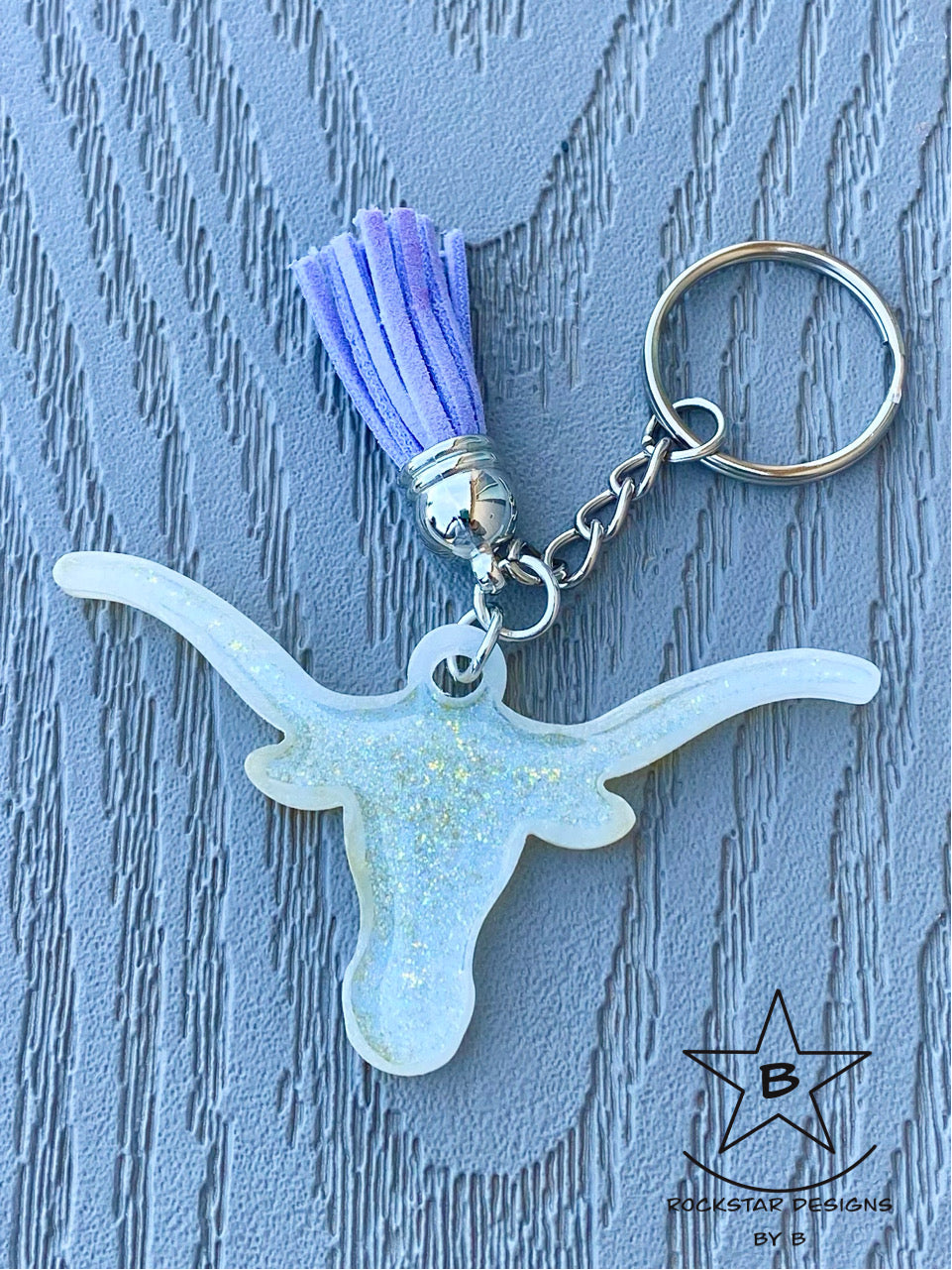 Keychain - Longhorn Steer Head - Pearl White with Gold Glitter